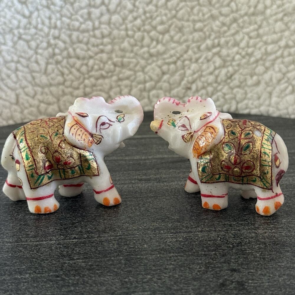 Lot Of 2 - Marble Elephant Figurine Hand Painted /‎ Carved Indian Art Trunk Up
